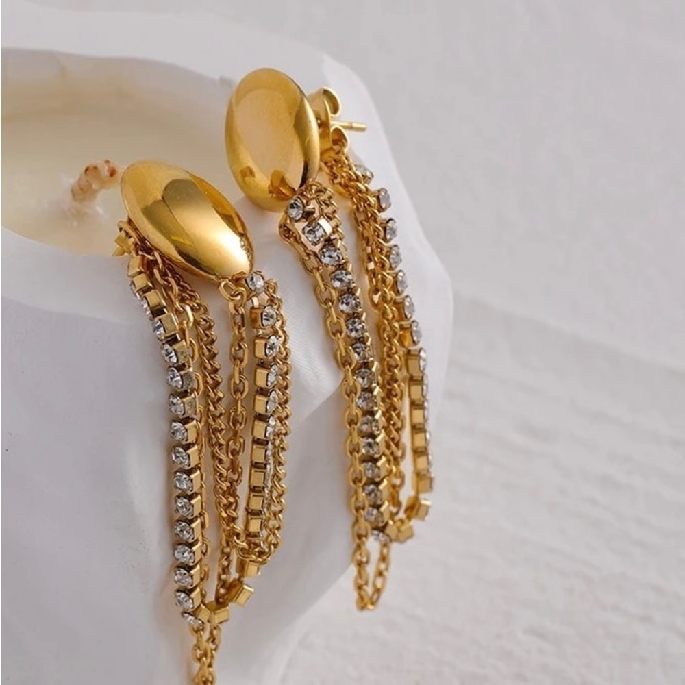 18k Gold Plated Tassel Drop CZ Chain Earrings